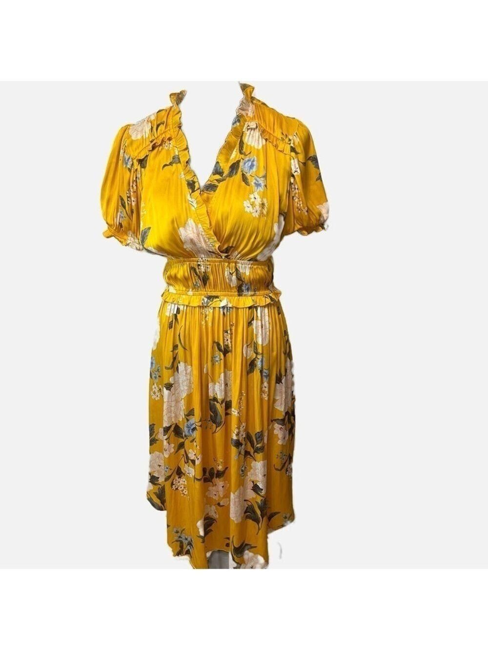 Anthropologie Current Air Floral Midi Dress Sz S Ruffled Ruched Sleeves Yellow